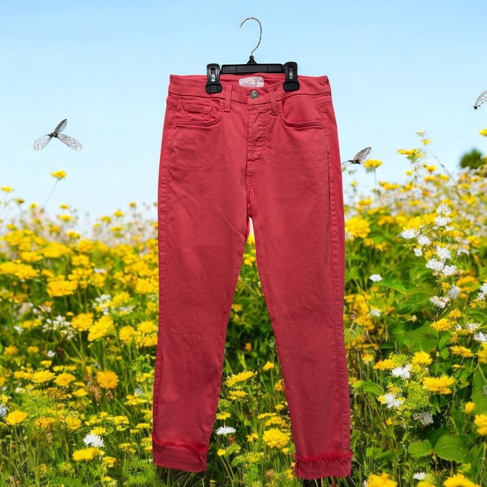 Jen7 Cropped Skinny Jeans Coral Pink Frayed Hem Stretch Denim Women Size 4 NWT